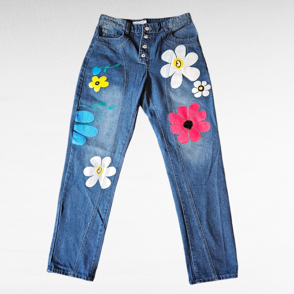 MISSLOOK Flower Painted Button Fly Jeans Size Small